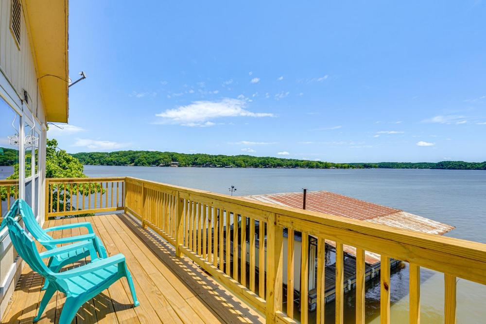 Deck with Covered Dock! Lakefront Ozark Cottage